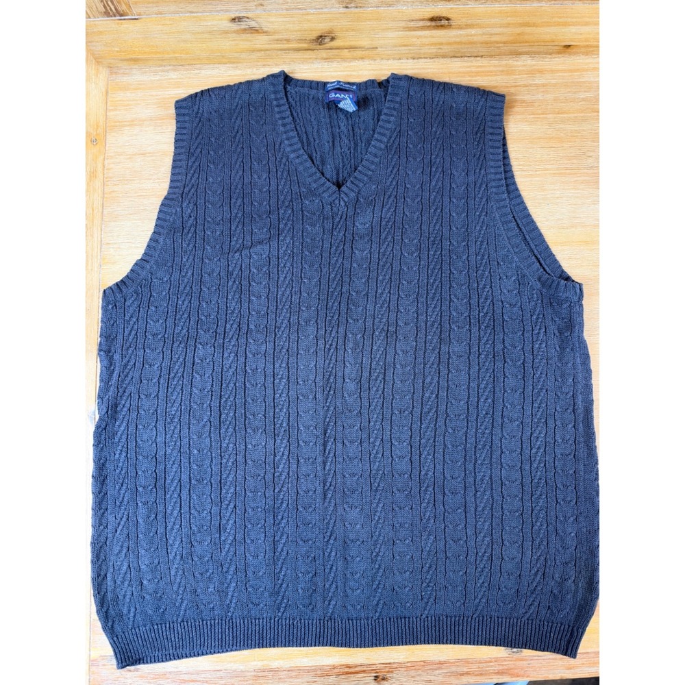 Vintage GANT Mens XXL Cable Knit Sweater Vest Linen Cotton V Neck Gray